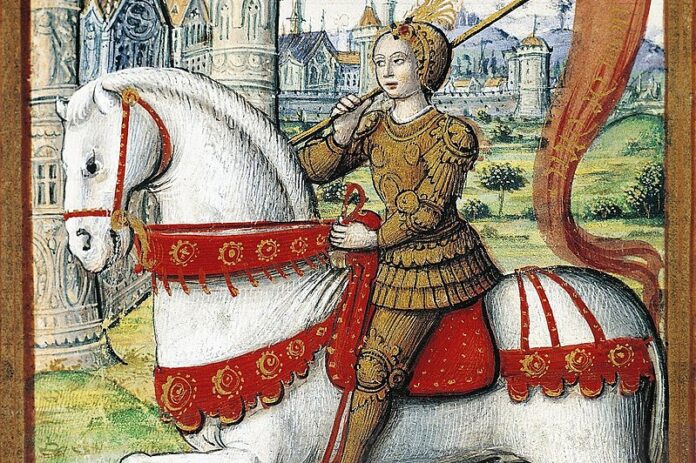 Joan of Arc depicted on horseback in an illustration from a 1504 manuscript