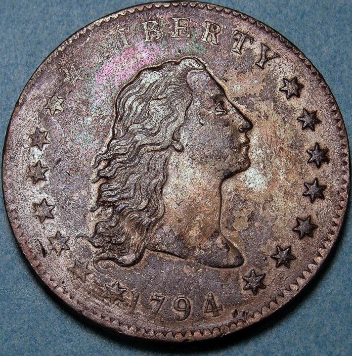 Obverse illustration of a 1794 Flowing Hair Silver Dollar