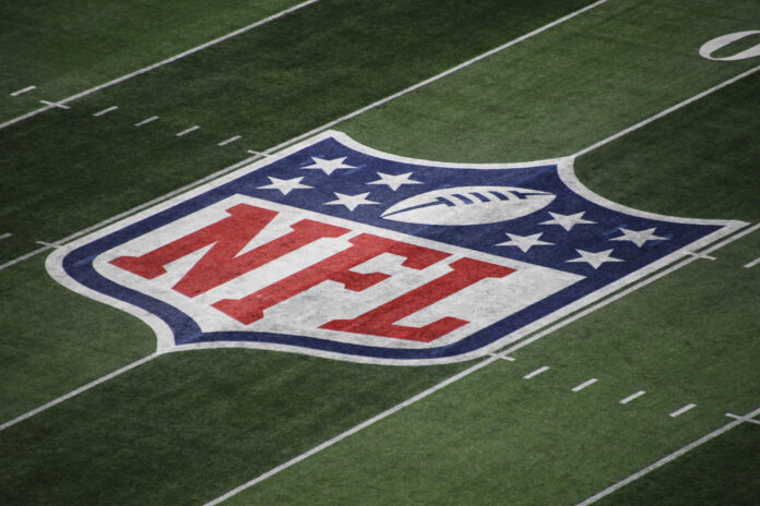 The NFL logo presented during Super Bowl LIII between the New England Patriots and the Los Angeles Rams at Mercedes-Benz Stadium in Atlanta in 2019.
