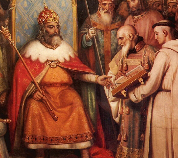 Charlemagne at Alcuin, painted 1830, at the Louvre