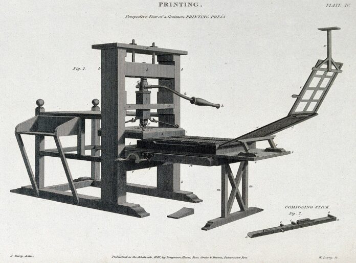Printing press, engraving by W Lowry after John Farey Jr., 1819