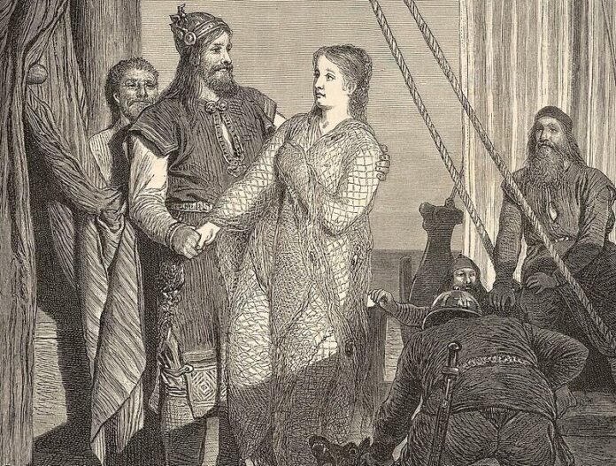 Ragnar receives Kráka (Aslaug), as imagined by August Malmström