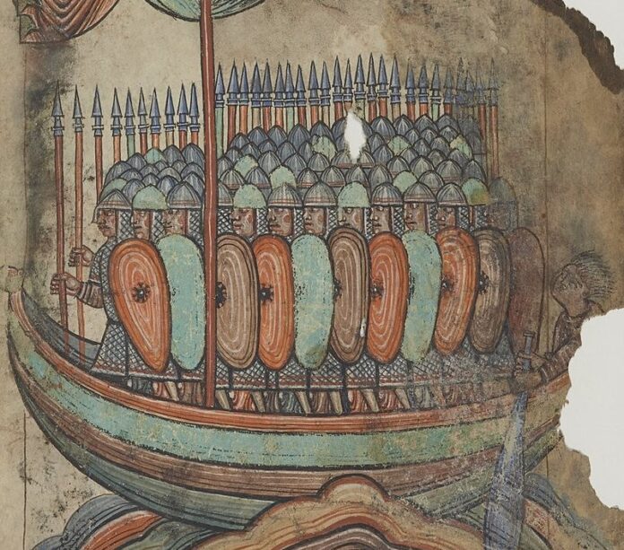 Depiction of Vikings sailing a longship from c. 1100