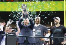 5 Historic Moments From Super Bowl LIX Philadelphia Eagles owner Jeffrey Lurie is presented the Vince Lombardi Trophy as quarterback Jalen Hurts and head coach Nick Sirianni look on during celebrations after the Eagles defeated the Chiefs 40-22 in Super Bowl LIX at Caesars Superdome in New Orleans on Sunday, February 9, 2025